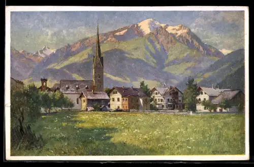 Künstler-AK Maishofen bei Zell, Ortsansicht gegen die Hohen Tauern