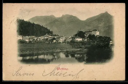 AK Golling, Panorama mit Schloss und Fluss