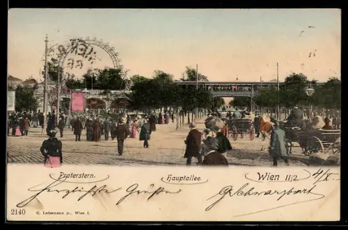 AK Wien, Praterstern, Hauptallee mit Menschenmenge und Eisenbahnbrücke