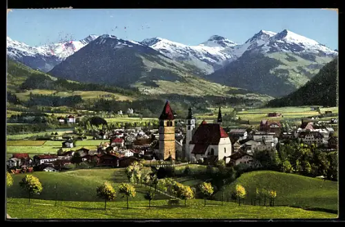 AK Kitzbühel, Panorama gegen Süden mit Kirche und Bergkulisse