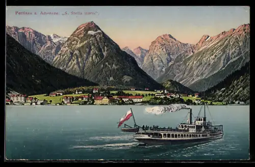 AK Pertisau a. Achensee, Panorama mit Dampfer S. Stella maris und Gebirgspanorama