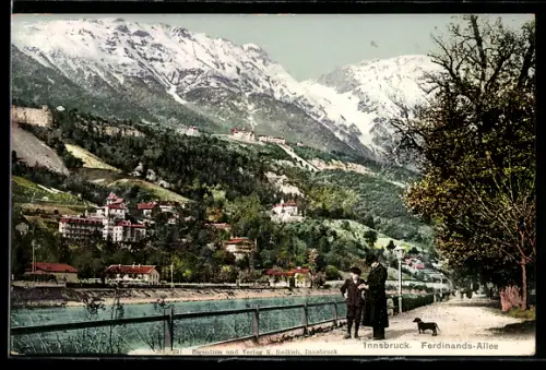 AK Innsbruck, Ferdinands-Allee, Promenade an der Inn mit Bergpanorama