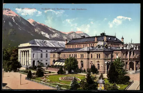 AK Innsbruck, Stadtsäle und Stadttheater mit Nordkette
