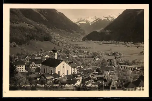 AK Schruns /Montafon, Kirche und Silvrettagruppe
