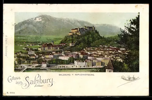 Lithographie Salzburg, Panorama vom Kapuzinerberg mit Festung Hohensalzburg