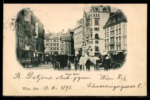 AK Wien, Neuer Markt, Platz mit Pferdekutschen und historischer Häuserzeile
