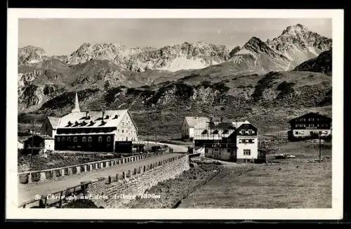 AK St. Christoph auf dem Arlberg, Gasthof Arlberghöhe und Bergpanorama