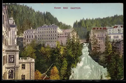 AK Bad Gastein, Wasserfall mit Hotelbauten und Brücke