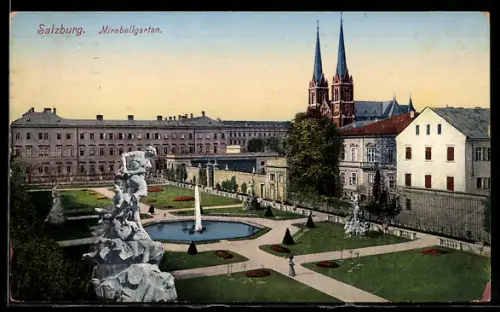 AK Salzburg, Mirabellgarten mit Brunnen und Kirche