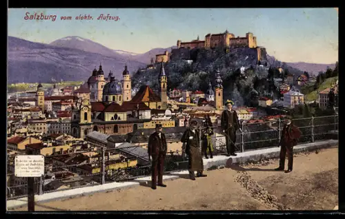 AK Salzburg, Panorama vom elektrischen Aufzug mit Festung Hohensalzburg und Dom