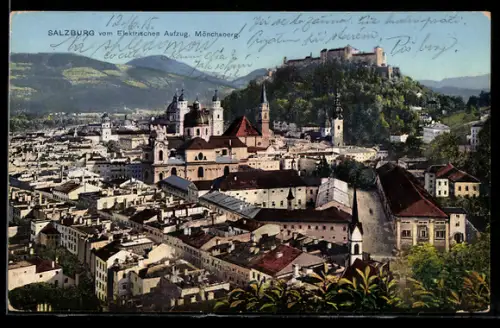 AK Salzburg, Panorama vom Elektrischen Aufzug am Mönchsberg, Festung Hohensalzburg, Dom