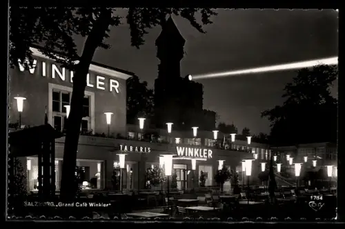 AK Salzburg, Grand Café Winkler, beleuchtete Terrasse bei Nacht