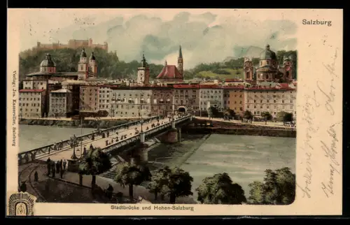 Lithographie Salzburg, Stadtbrücke und Hohen-Salzburg