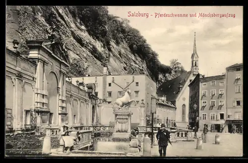 AK Salzburg, Pferdeschwemme und Mönchsbergaufzug