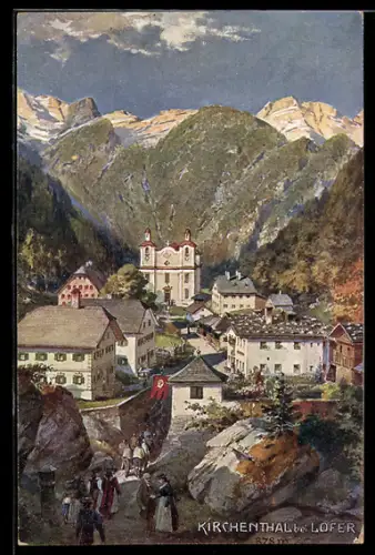 Künstler-AK St. Martin bei Lofer, Kirchenthal mit Kirche und Gebirgspanorama