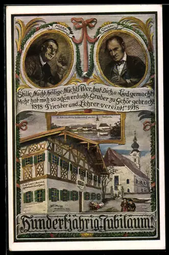 Künstler-AK Oberndorf, Hundertjahr-Jubiläum Stille Nacht 1918, Kirche, Porträts von Mohr und Gruber