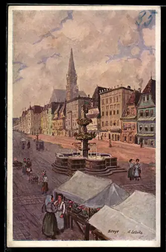 AK Steyr, Hauptplatz mit Brunnen, Marktständen und Kirche