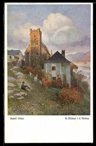 AK St. Michael i. d. Wachau, Kirche am Flussufer mit Ortspanorama