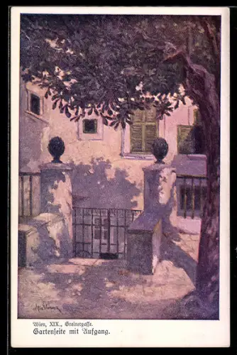 AK Wien, Greinergasse, Gartenseite mit Aufgang