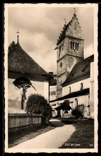 AK Zell am See, Kirche mit Turm und Kreuzgang