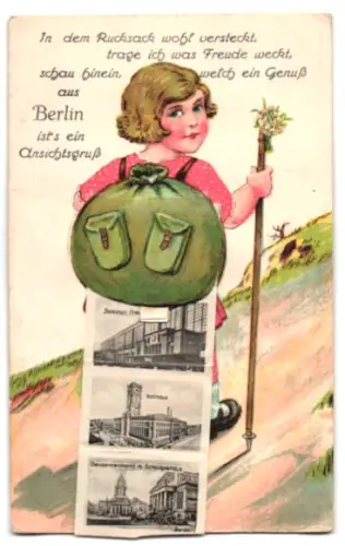 Leporello-AK Berlin, Ansichten im Rucksack, Nollendorfplatz, Kranzlerecke Unter den Linden, Potsdamer Platz, Rathaus