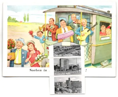 Leporello-AK Berlin, Eisenbahn mit Ansichten von Bahnhof Zoo, Schillertheater, Wittenbergplatz, Schlossstrasse