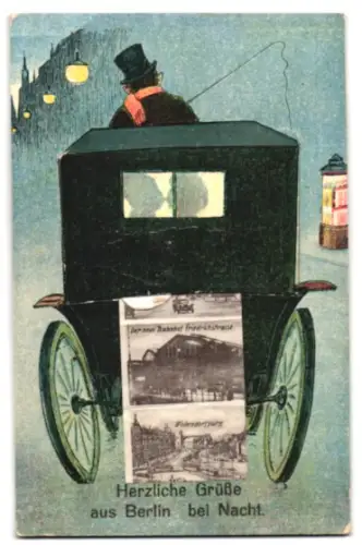 Leporello-AK Berlin, Kutsche mit Ansichten von Pariser Platz, Potsdamer Platz, Bahnhof Friedrichstrasse, Nollendorfplatz