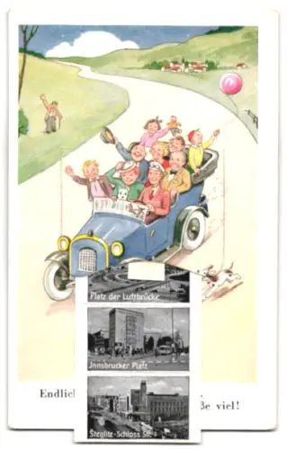 Leporello-AK Berlin, Fahrendes Auto mit Ansichten von Bahnhof Zoo, Kurfürstendamm, Wittenbergplatz, Schlossstrasse