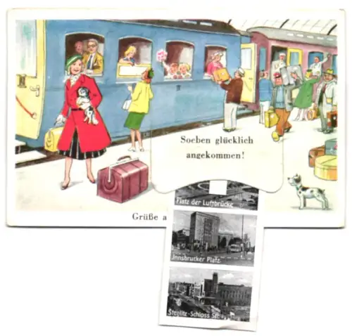 Leporello-AK Berlin, Bahn mit Ansichten von Innsbrucker Platz, Schlosstr., Bahnhof Zoo, Kurfürstendamm, Schillertheater