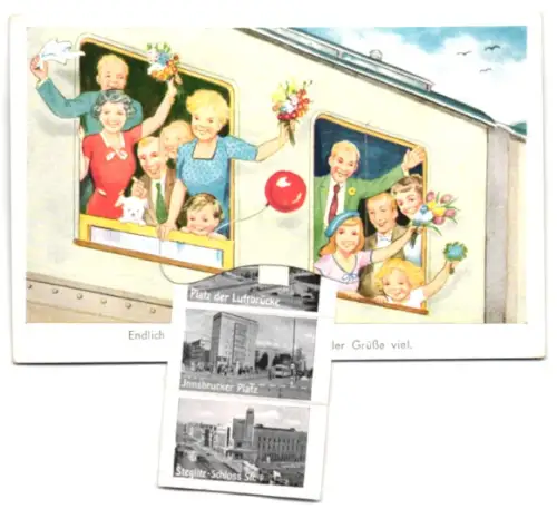 Leporello-AK Berlin, Zug mit Ansichten von Innsbrucker Platz, Schlosstr., Bahnhof Zoo, Kurfürstendamm, Schillertheater