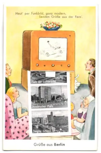 Leporello-AK Berlin, Fernseher mit Ansichten von Innsbrucker Platz, Schlosstr., Bahnhof Zoo, Kurfürstendamm