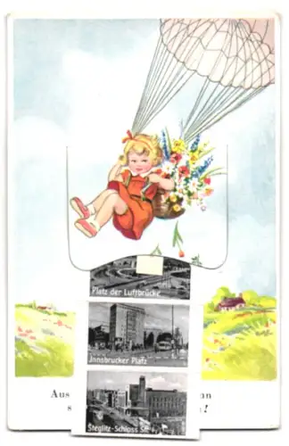 Leporello-AK Berlin, Fallschirmspringerin mit Ansichten von Innsbrucker Platz, Schlosstr., Bahnhof Zoo, Kurfürstendamm