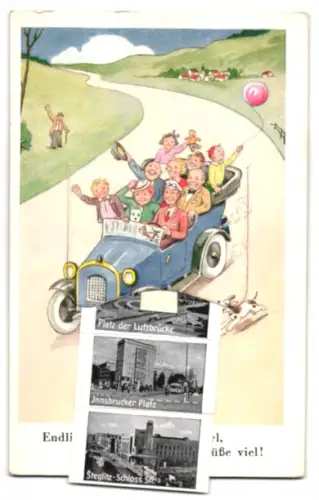 Leporello-AK Berlin, Auto mit Ansichten von Innsbrucker Platz, Schlosstr., Bahnhof Zoo, Kurfürstendamm, Schillertheater