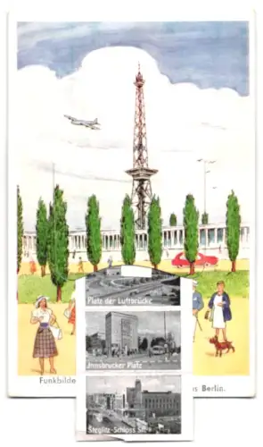 Leporello-AK Berlin, Funkturm mit Ansichten von Innsbrucker Platz, Schlosstr., Bahnhof Zoo, Kurfürstendamm