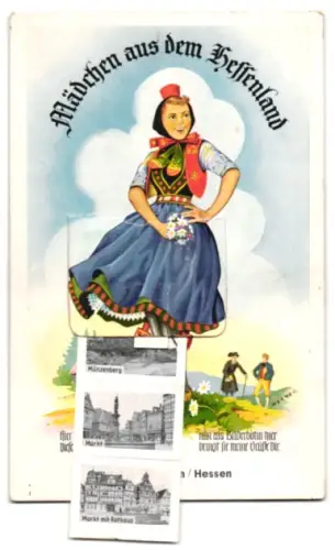 Leporello-AK Butzbach /Hessen, Mädchen in hessischer Tracht, Kirche, Wehrgang, Hexenturm, Weidighaus und Markt
