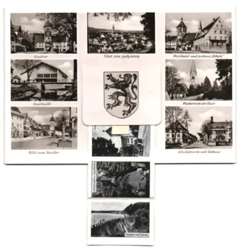 Leporello-AK Bräunlingen /Schwarzwald, Totalansicht, Trachtengruppe, Partie am Stadttor und Kirche