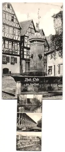 Leporello-AK Bad Orb im Spessart, Teilansicht, Partie am Markt, alte Fachwerkhäuser, Schwanenteich