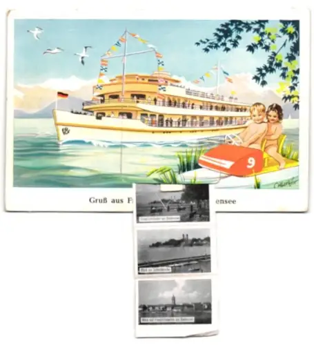 Leporello-AK Friedrichshafen am Bodensee, Totalansicht, Abend am Bodensee, Hafen, Blick von der Schlosskirche