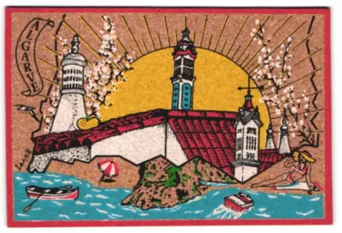 Kork-AK Dame im Bikini am Strand, Sonnenaufgang mit Kirche