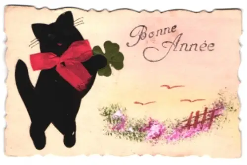 Filz-AK Niedliche schwarze Katze mit Kleeblatt und Schleife