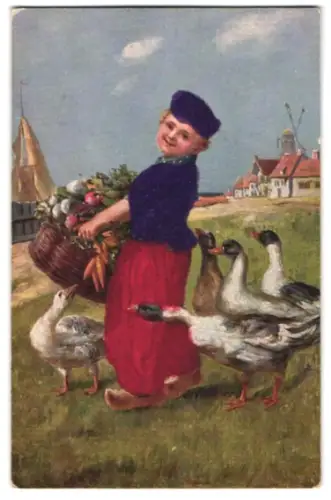 Samt-AK Junge trägt Korb voll Gemüse, Gänse folgen ihm, Viehzucht
