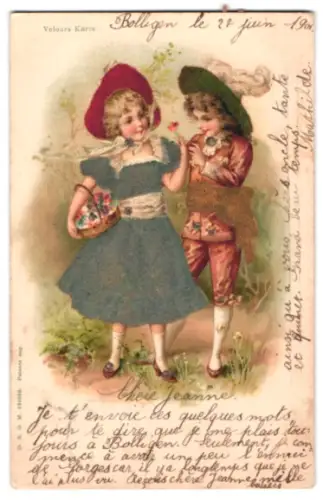 Filz-AK Junge und Mädchen mit Korb voller Blumen