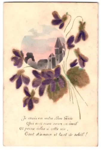 Filz-AK Ortspartie mit violetten Blumen