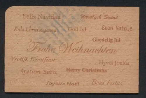Holz-AK Weihnachtsgrüsse in verschiedenen SPrachen, Deutsch, Englisch, Französisch, Spanisch