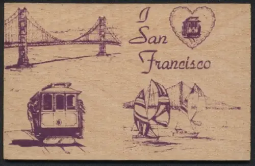 Holz-AK San Francisco, Brücke, Strassenbahn und Segelboote