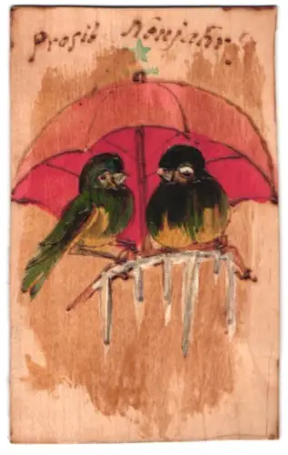 Holz-AK Zwei Vögel sitzen unter einem Regenschirm, Prosit Neujahr!