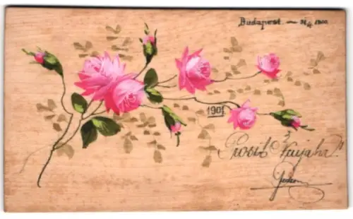 Holz-AK Rosenblüten und Jahreszahl 1901, Prosit Neujahr!