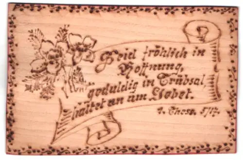 Holz-AK Banderole mit Spruch, Seid fröhlich in Hoffnung, geduldig in Trübsal, haltet ein zum Gebet