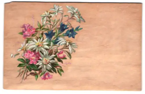 Holz-AK Blumenstrauss mit Edelweiss