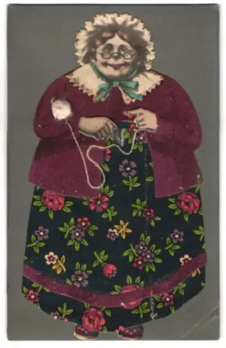 Filz-AK Oma mit geblümtem Kleid und Garnknäuel